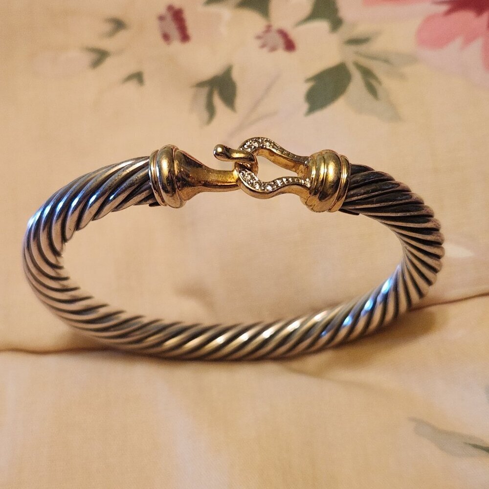 David Yurman Sterling Silver & 18K Yellow Buckle Bangle Bracelet - Picture 9 of 10